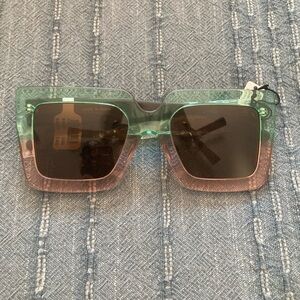 Anthropologie Green and Pink Square Frame Sunglasses